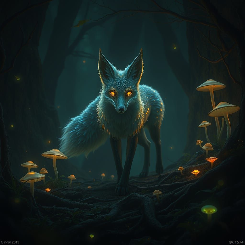 Ethereal Spirit Fox in Bioluminescent Forest