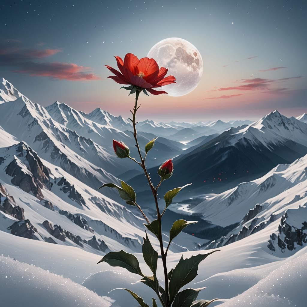 Magical Red Flower Blooms on Snowy Peak