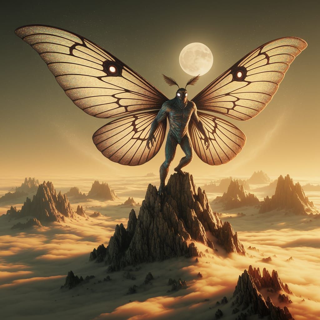 Moth Man Guardian on Moonlit Mountain