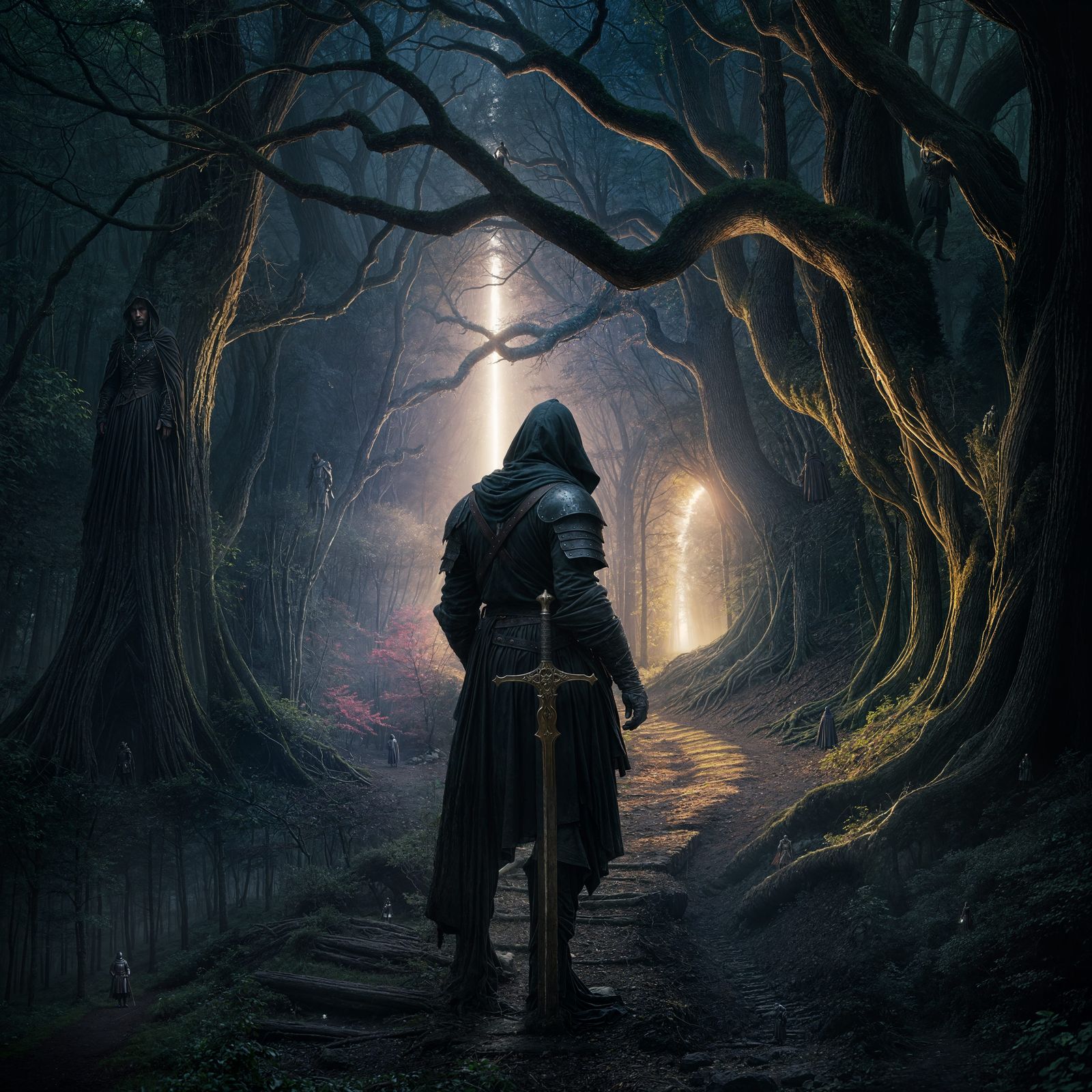 Lone Knight on a Shadowy Forest Trail by Night