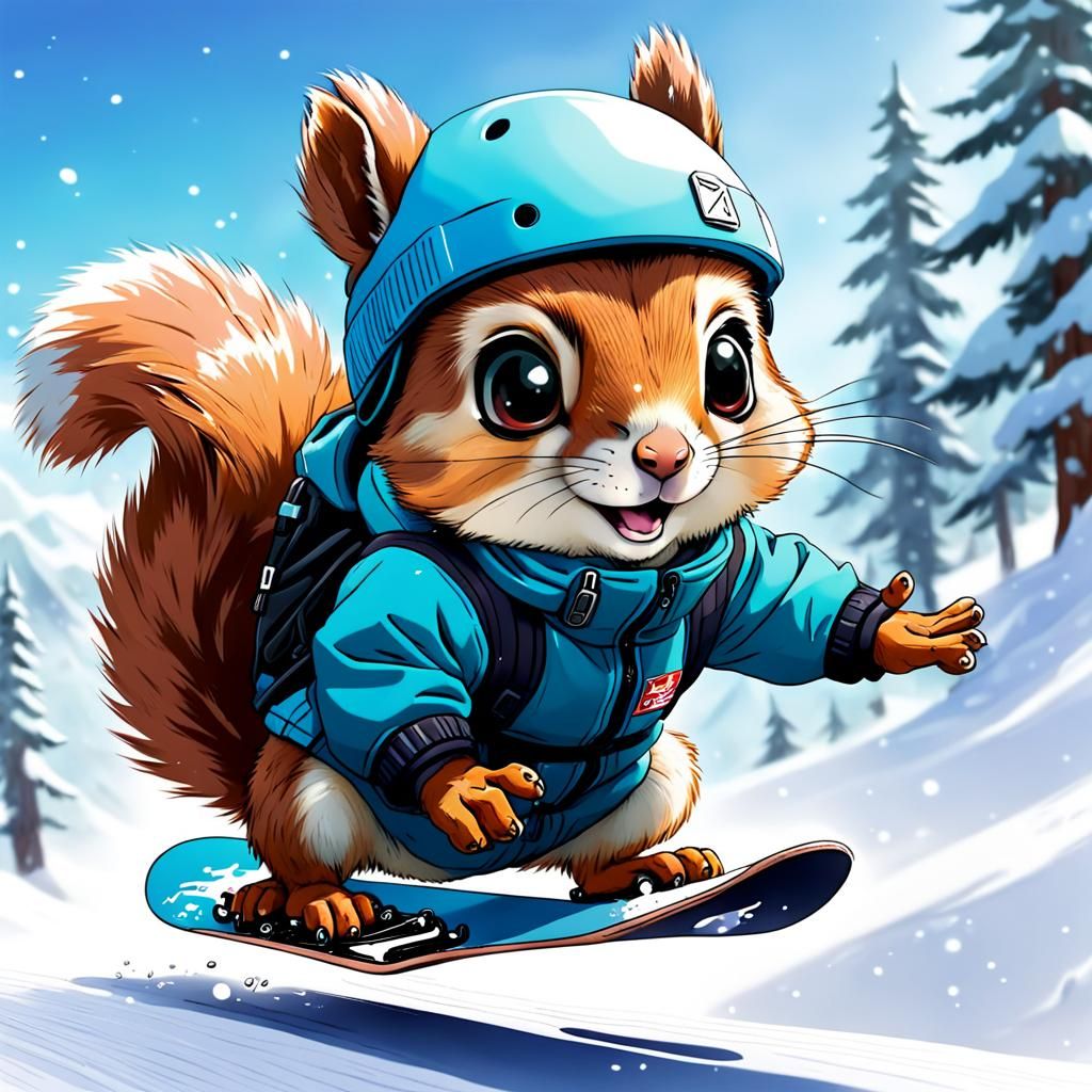 Cute Squirrel Snowboarding in Anime Style