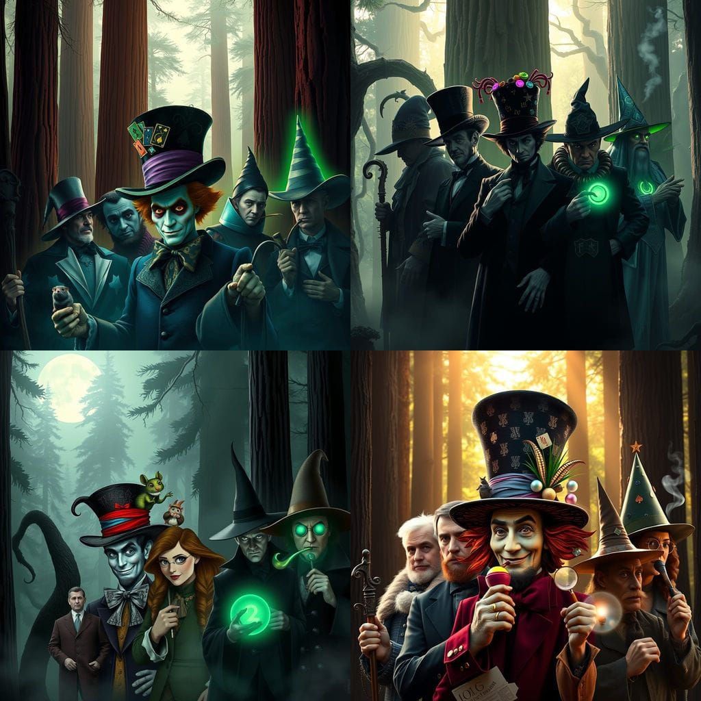 Mystical Leaders Amidst Redwood Giants in a Dramatic Collage