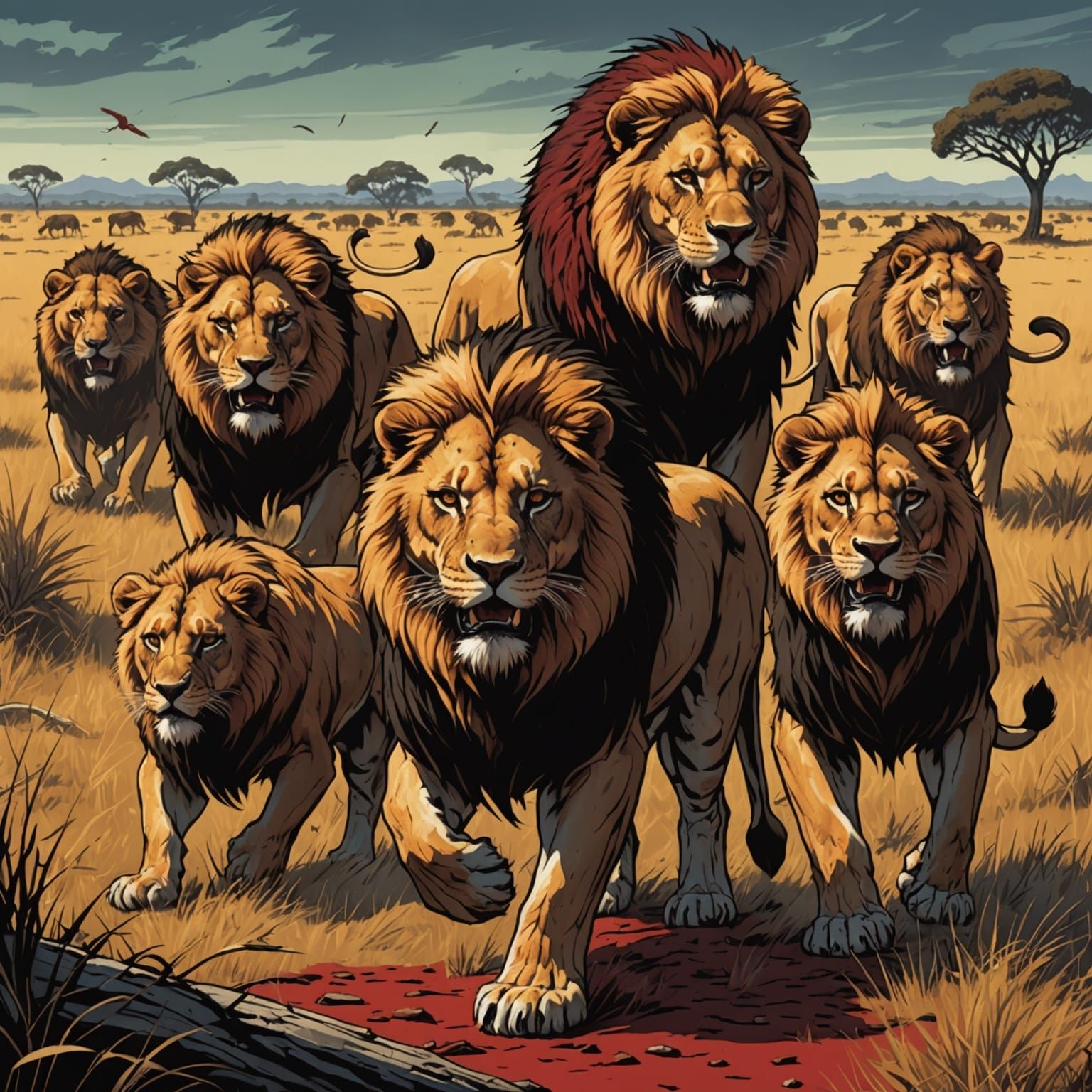 Bloodthirsty Lions on Savannah in Comic Book Style