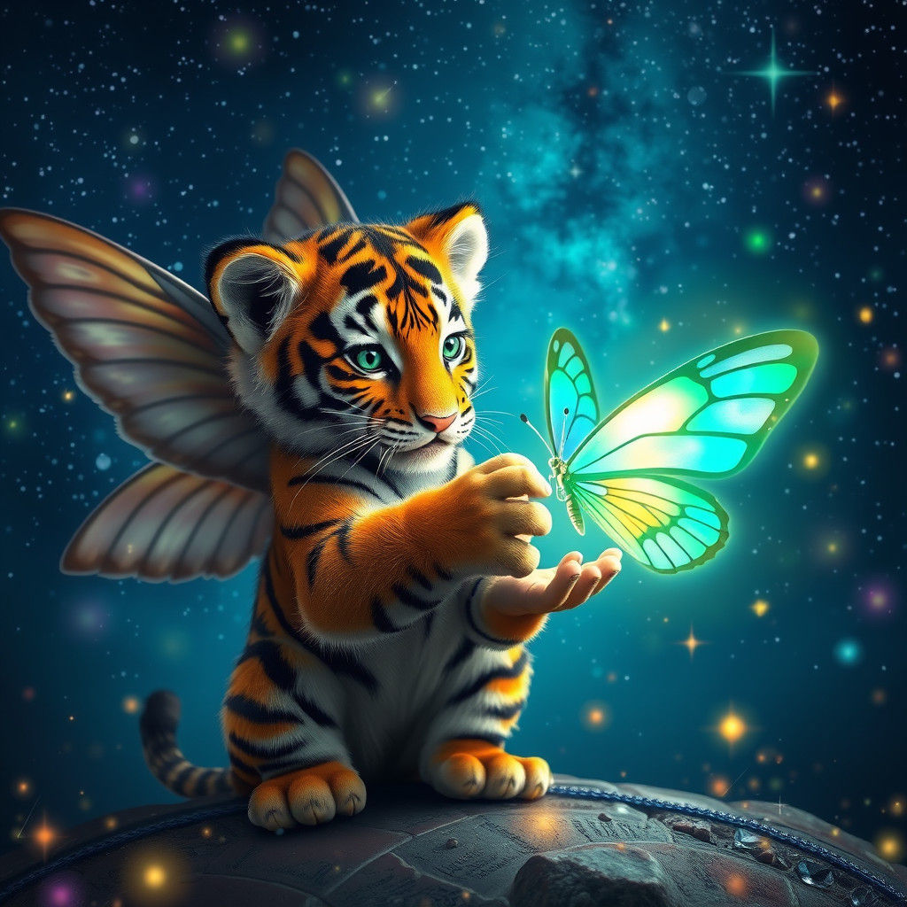 Winged Tiger Cub Reaching for Glowing Butterfly