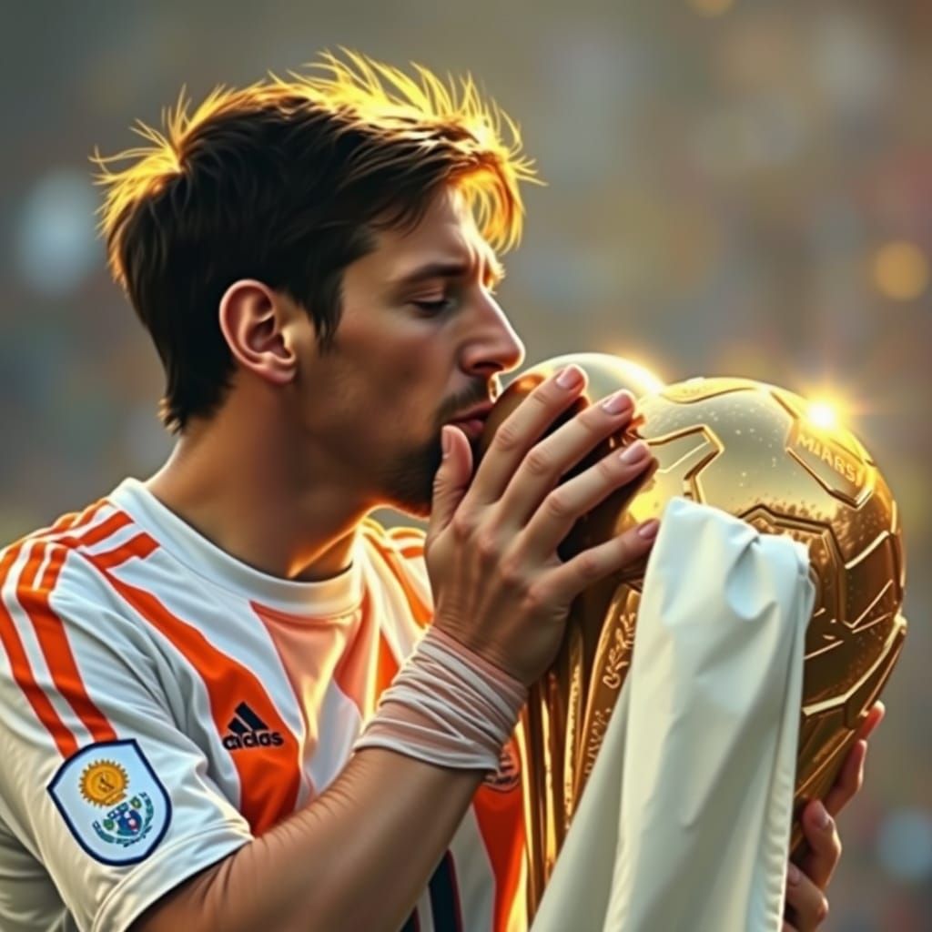 Soccer Legend Kissing World Cup in Romanticized Realism Styl...
