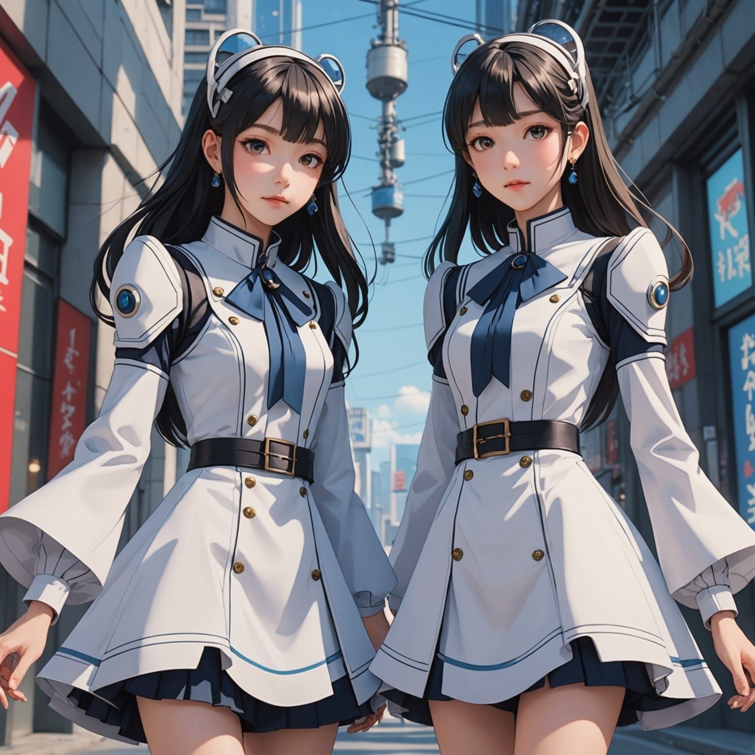 Futuristic Anime Sisters in Elegant Fashion