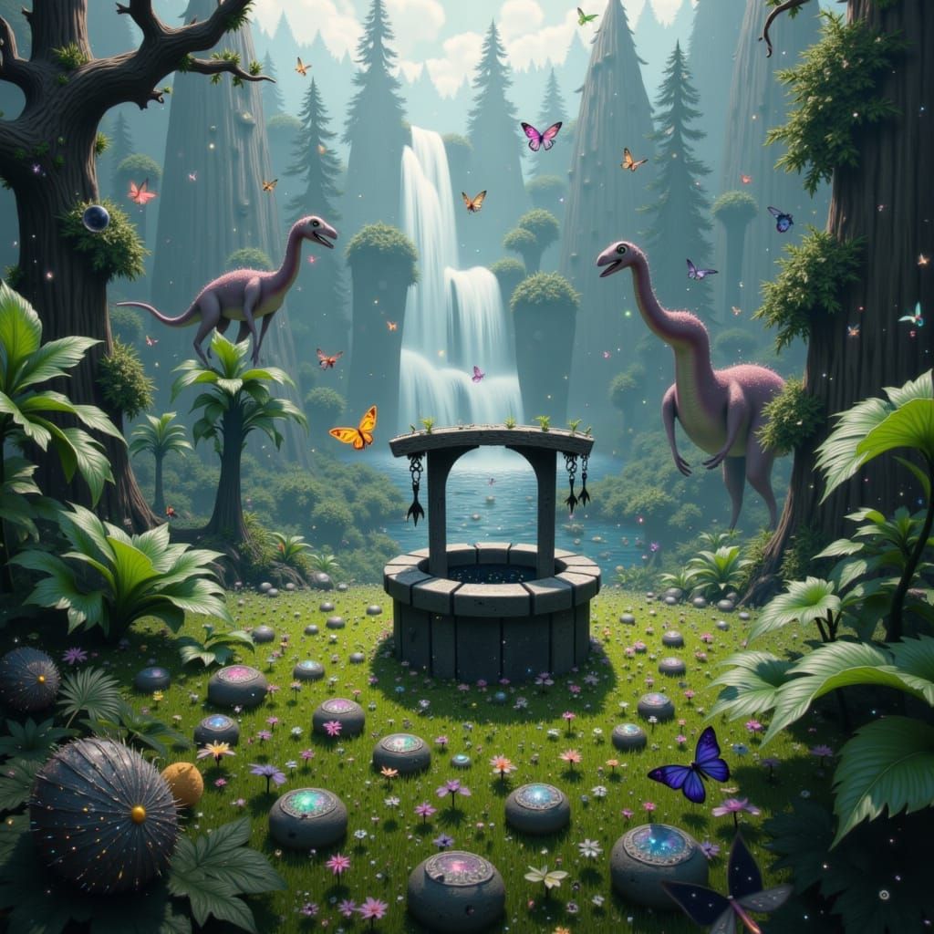 Prehistoric World Through a Well in Grassy Field