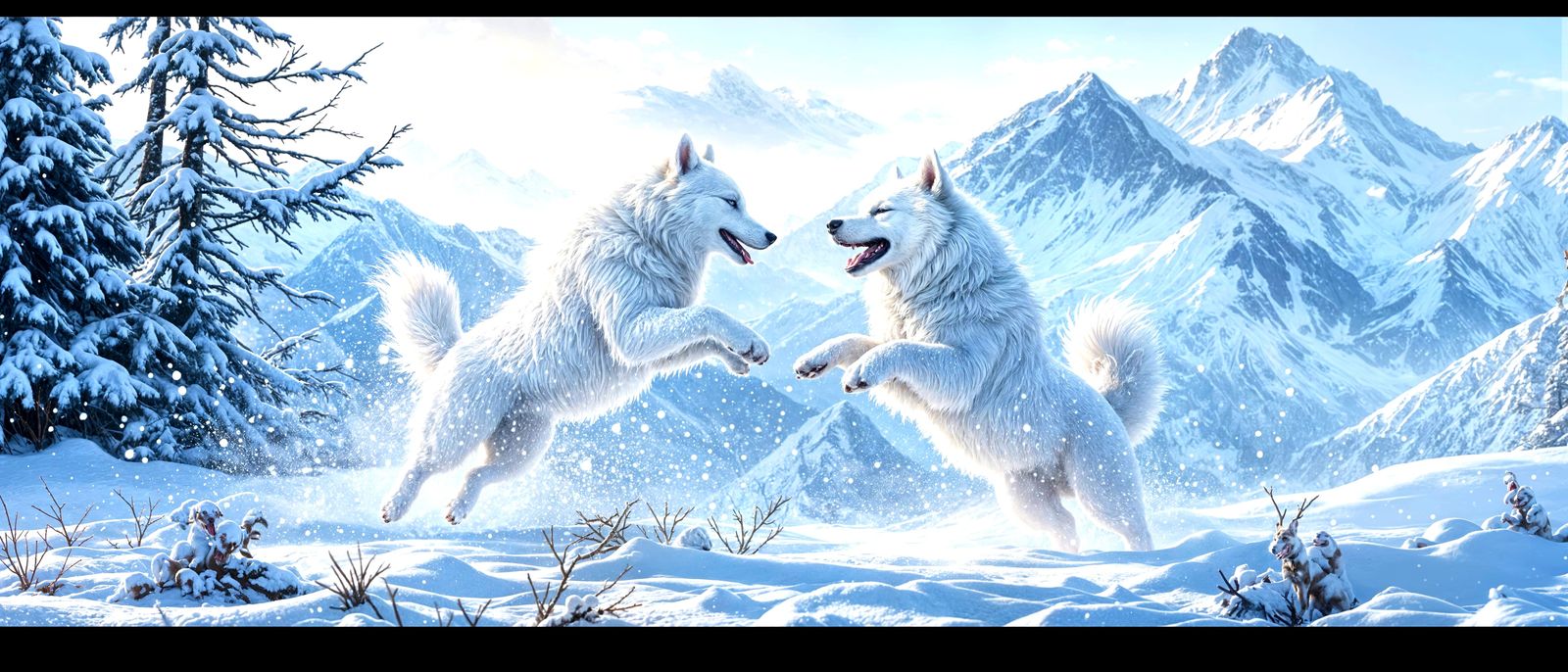 Samoyed Dogs in Hyperrealistic Snowy Scene