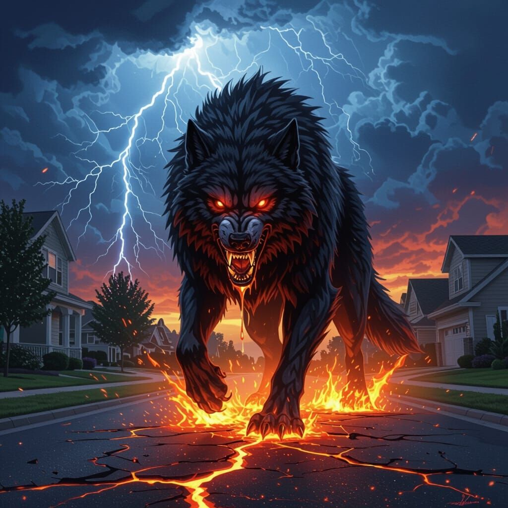 Hellhound Erupts from Darkness into Suburban Night