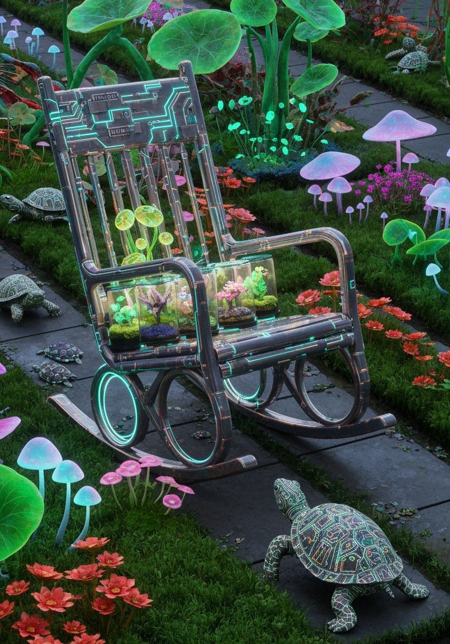 Cyberpunk Terrarium Rocking Chair in Bioluminescent Garden