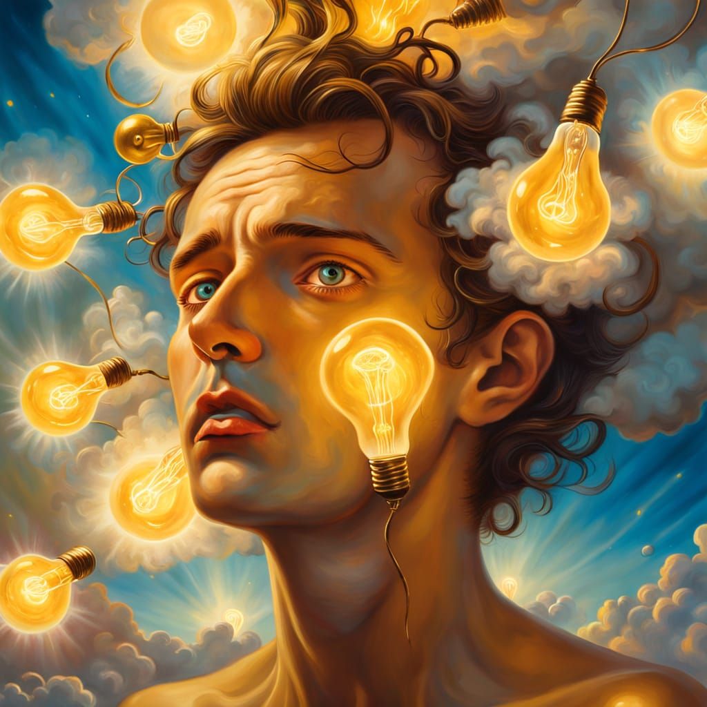 Surreal Epiphany: Light Bulbs and Swirling Thoughts