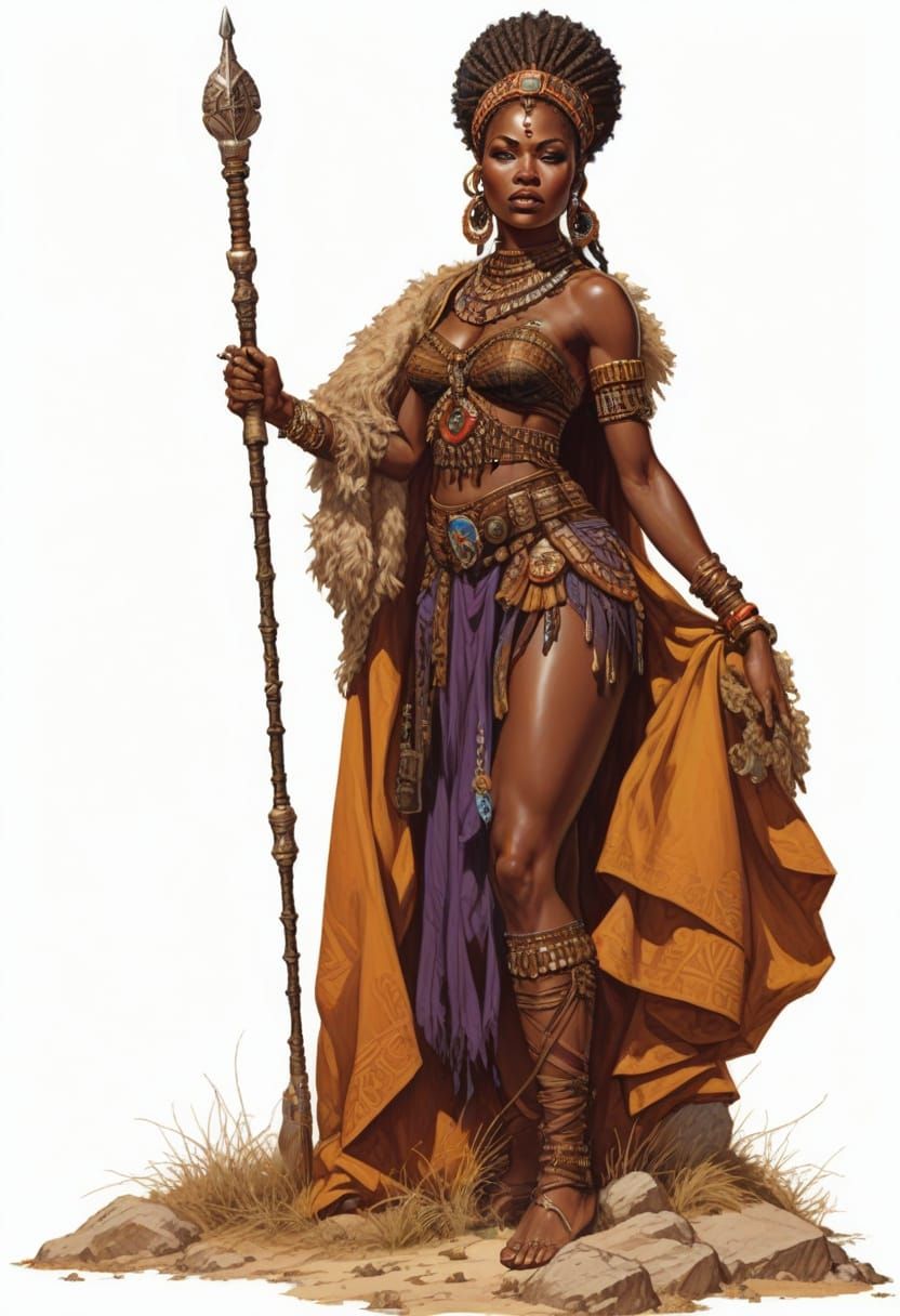Zulu Queen in Traditional Attire, Heroic Fantasy Illustratio...