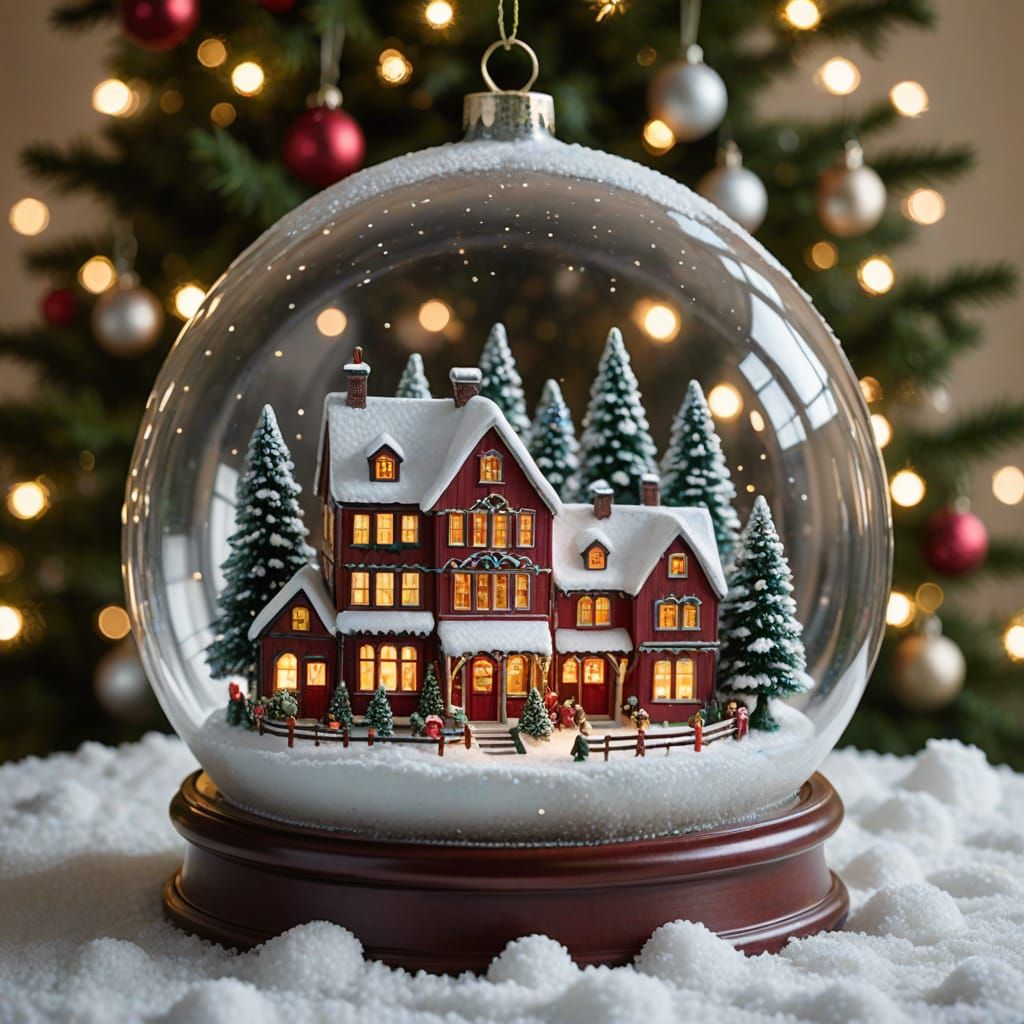 Miniature City in Christmas Ornament, Photorealistic Style