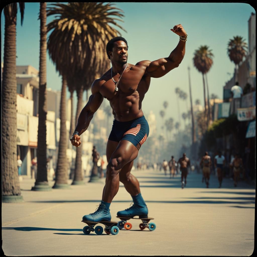 Retro Bodybuilder Roller Skating on Venice Beach