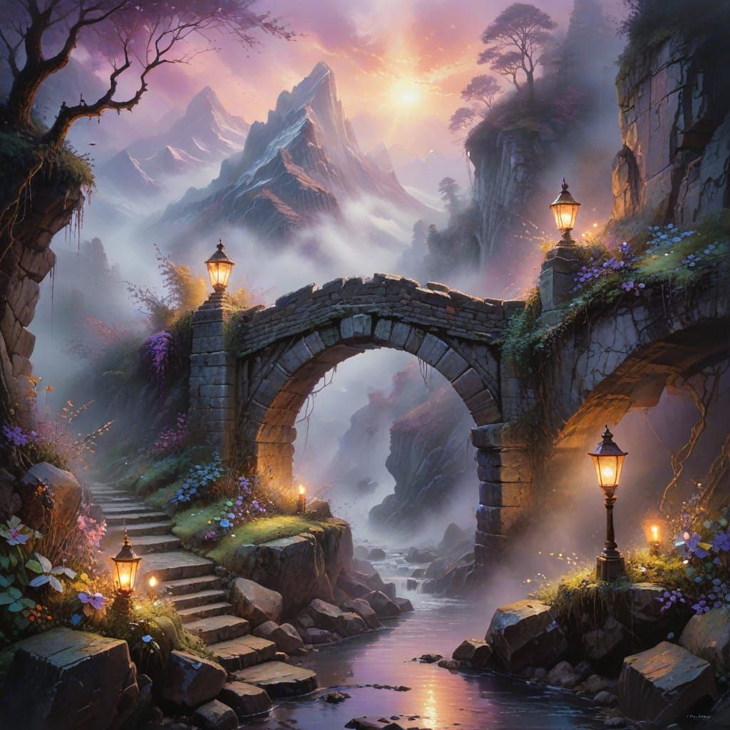 Ethereal Stone Bridge in Misty Dusk