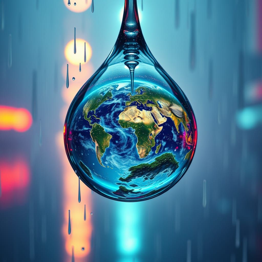 World Inside Giant Raindrop: Hyperrealistic Cinematic Art