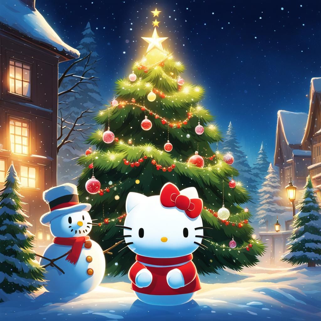 Hello Kitty Christmas Scene in Ghibli Style