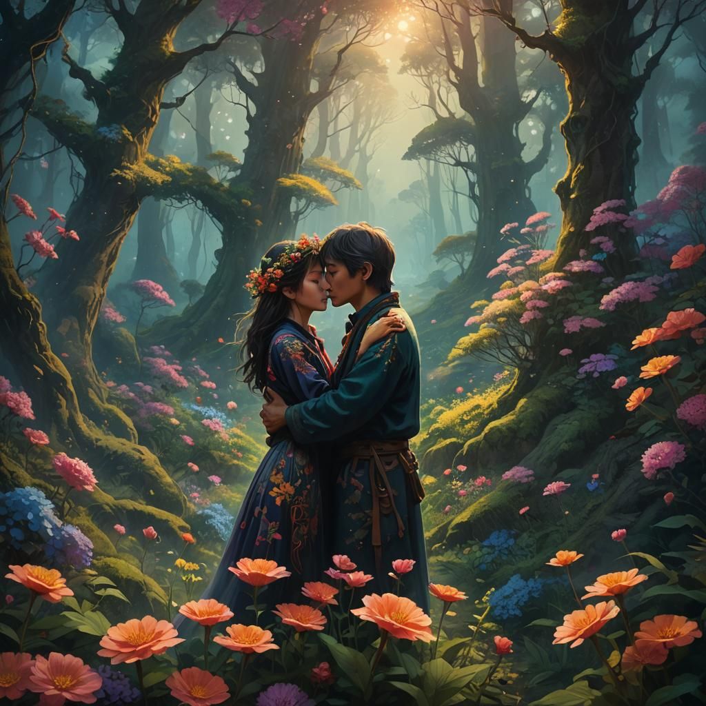 Mystical Forest Embrace: Vibrant Oil Painting
