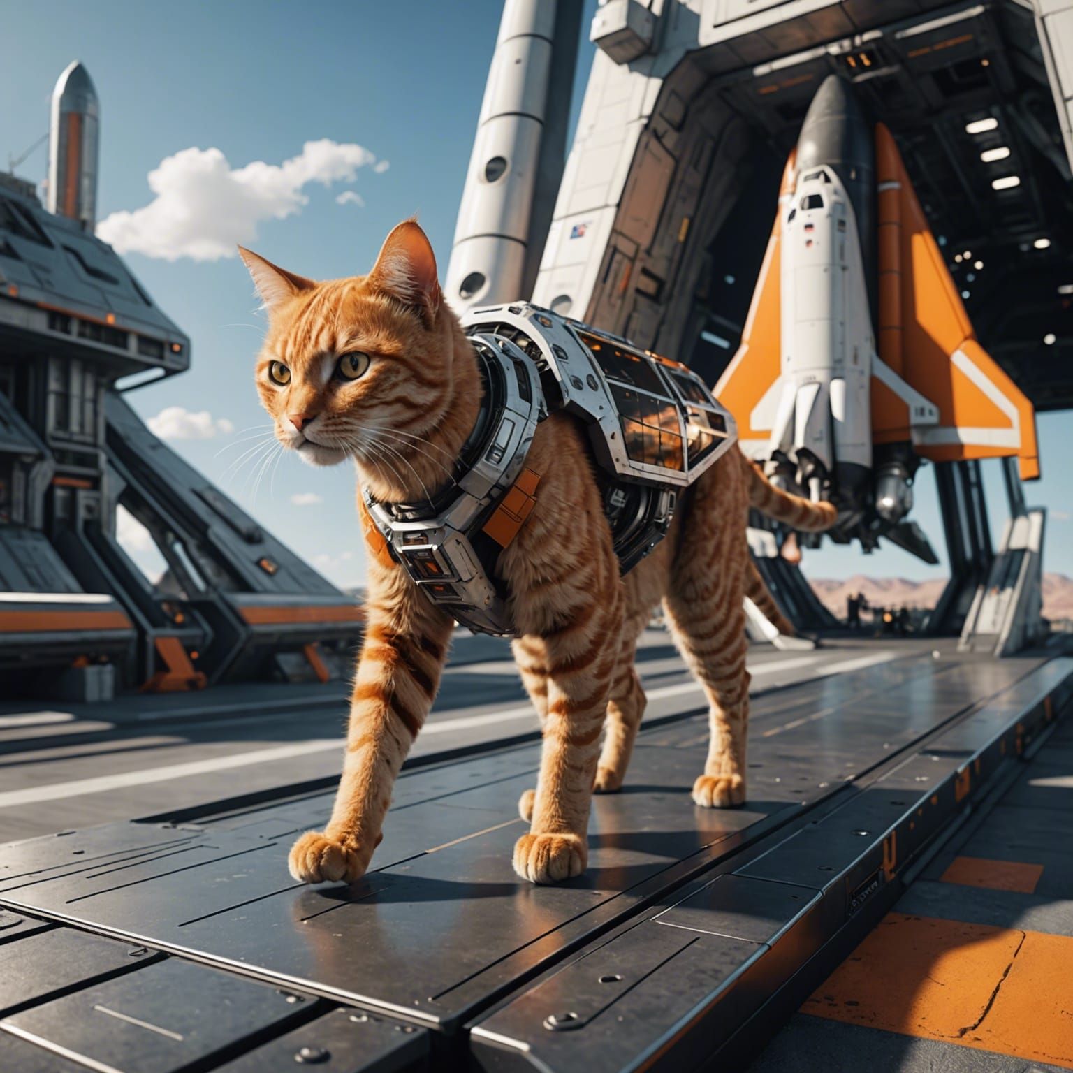Orange Cat Ascends to Futuristic Shuttle