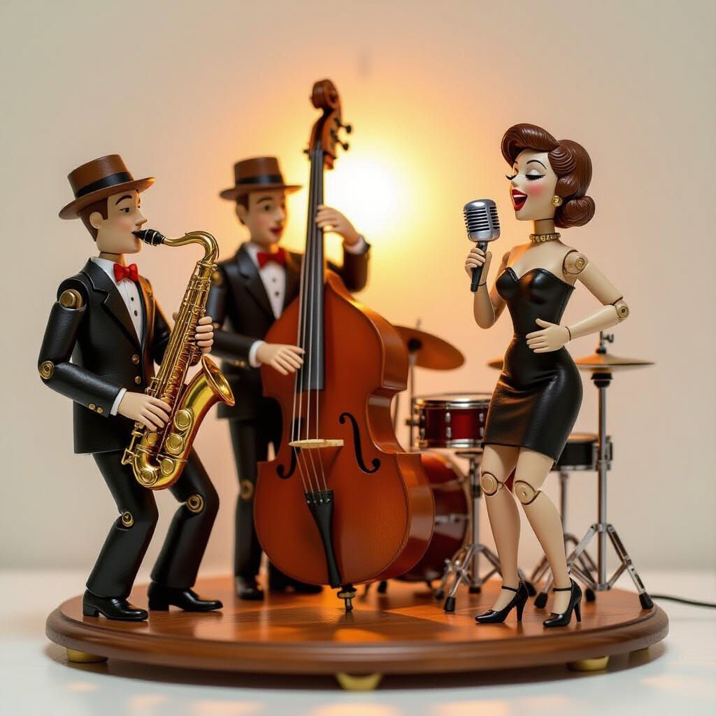 Wooden Automata Jazz Band with Singer Diorama