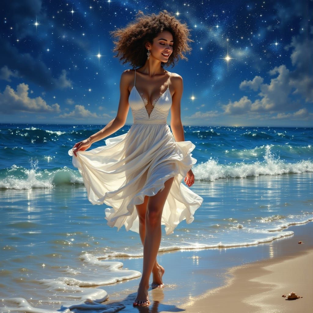 Woman Walks on Beach Under Starry Night Sky