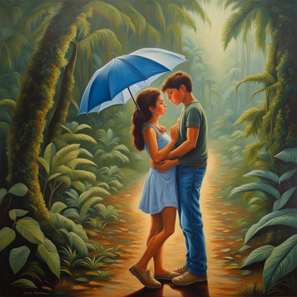 Romantic Jungle Embrace in Oil Painting Style