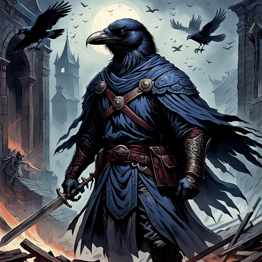 Dark Fantasy Swordsman Surrounded by Ravens