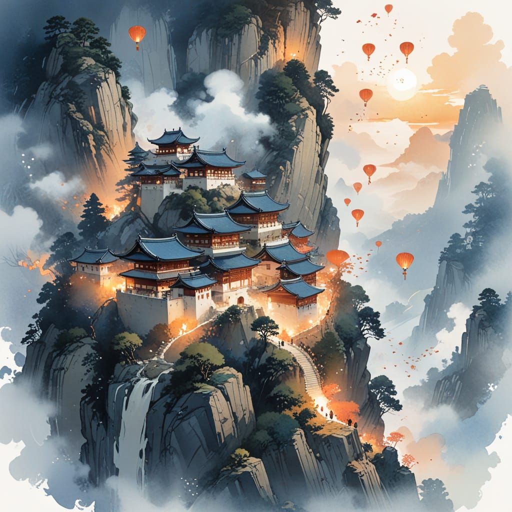 Monks Releasing Lanterns at Misty Monastery in Watercolour S...