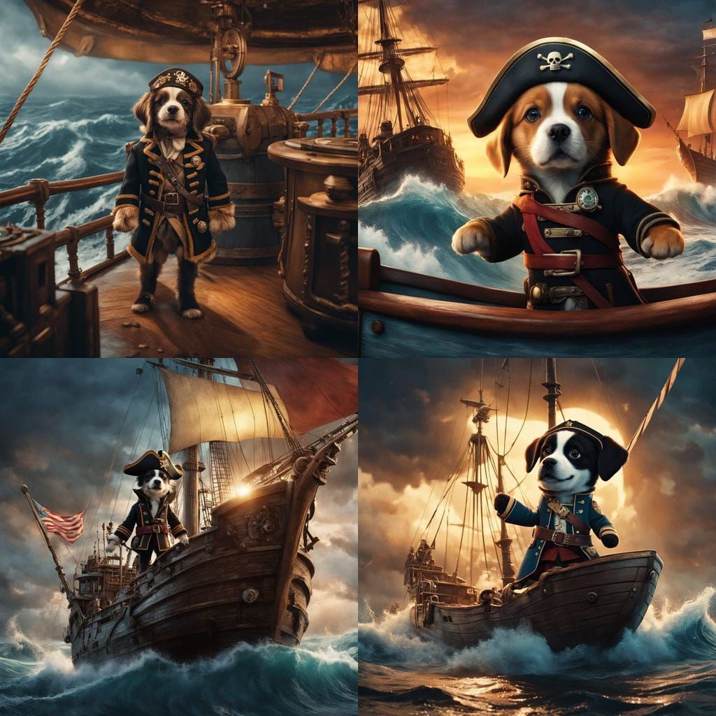 Puppy Pirate Captain in Stormy Seas: 3D Digital Art