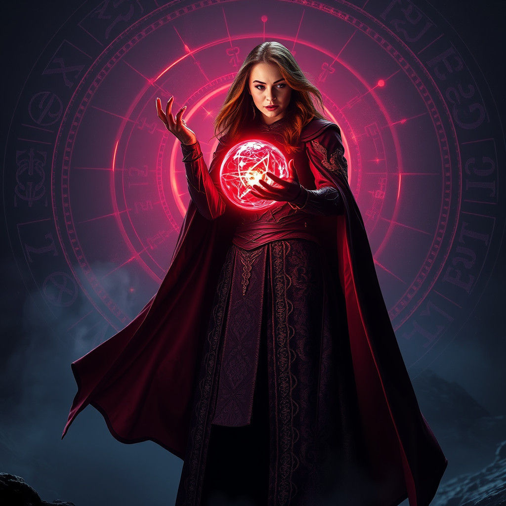 Scarlett Witch Conjuring Magic Orb in Futuristic Style