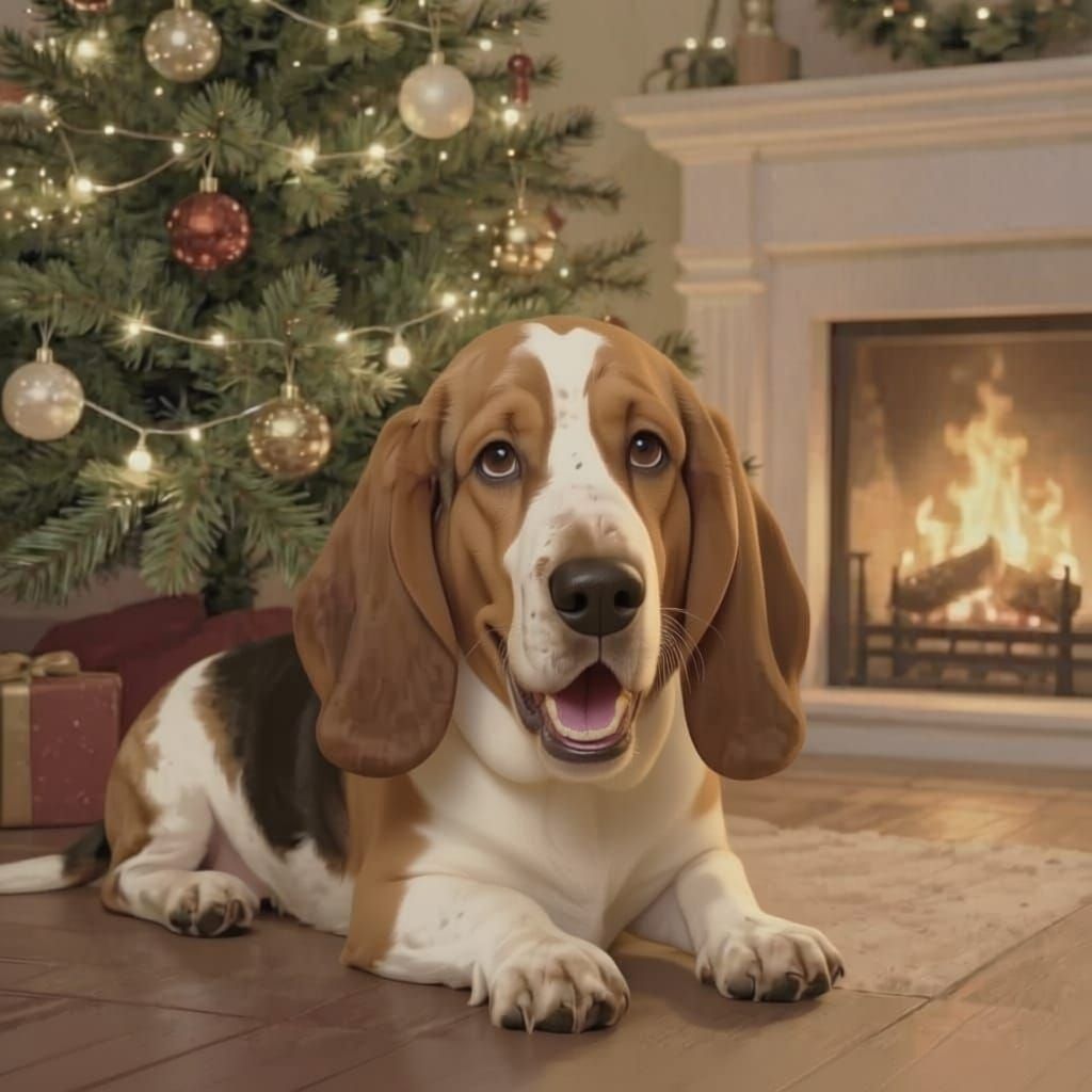 Basset Hound Rests Peacefully by Festive Christmas Tree