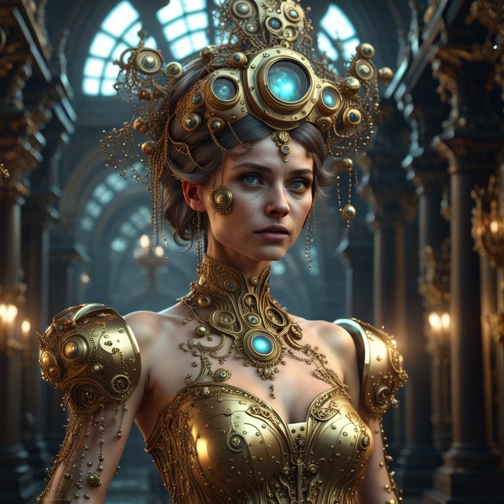 Steampunk Italian Woman with Gold Tiara, 3D Render