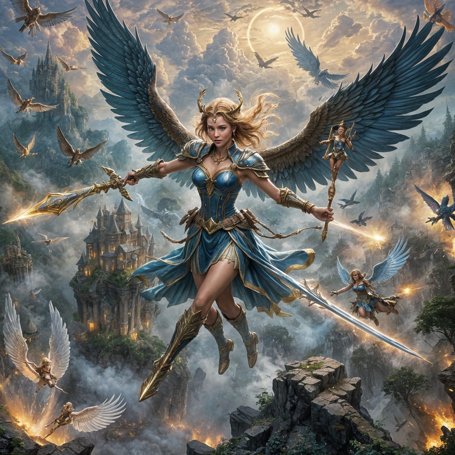 Battle Valkyrie with Flying Fairies in Ethereal Style