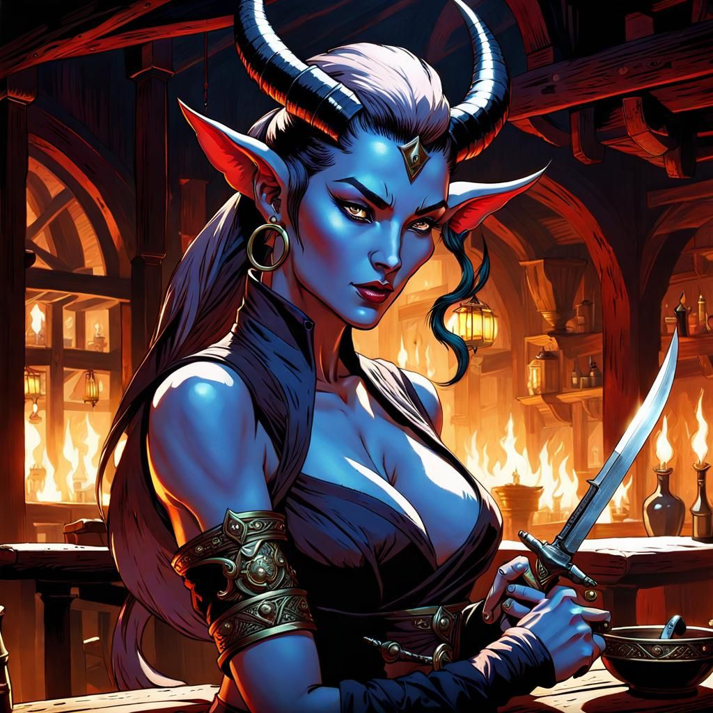 Elegant Tiefling Assassin in Fantasycore Tavern Scene