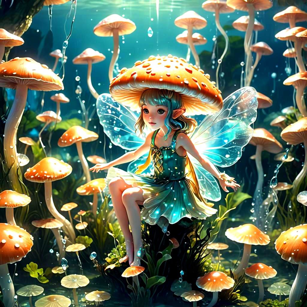 Anime Mushroom Fairy Swimming in Clear Water