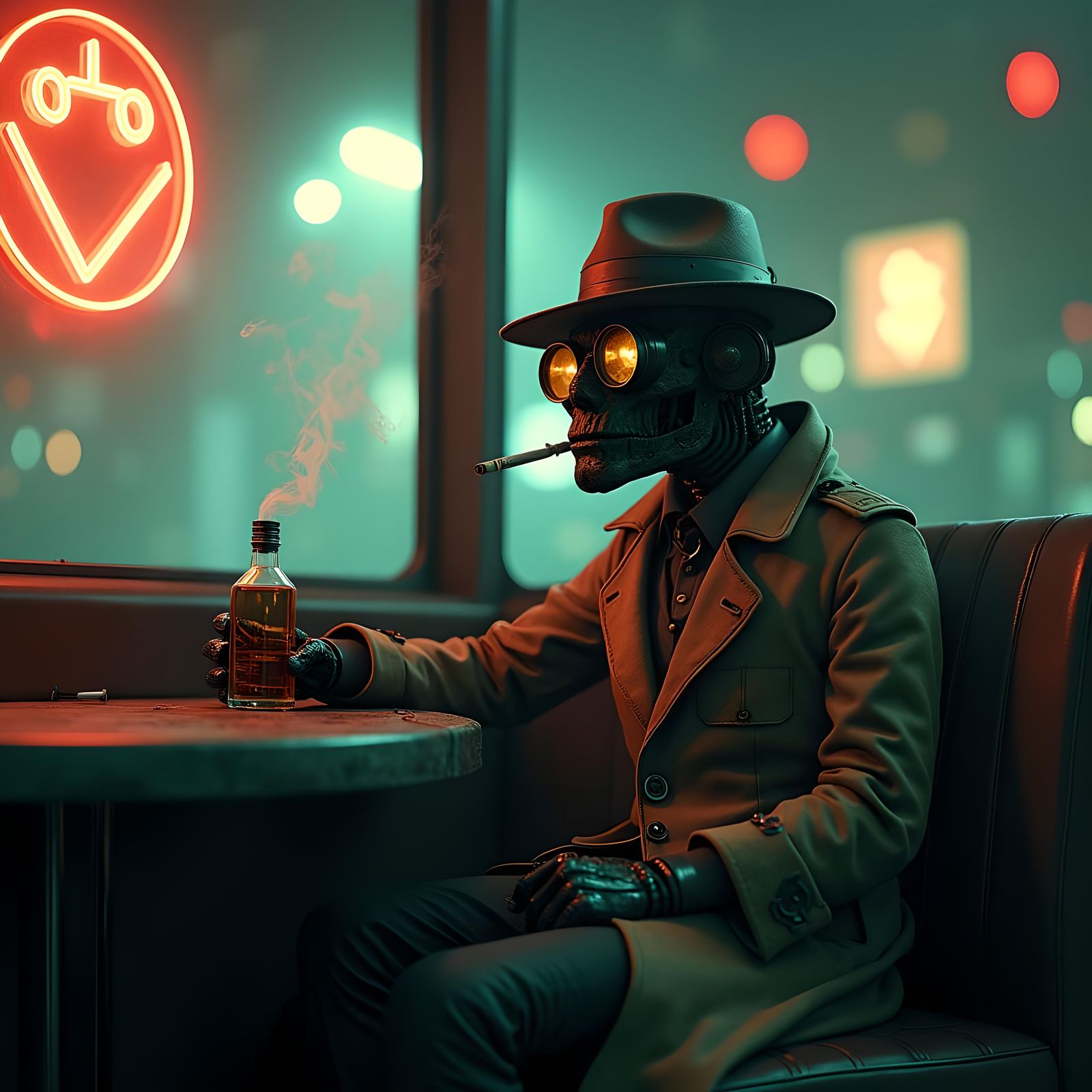 Steampunk Robot Detective in Cyberpunk Diner