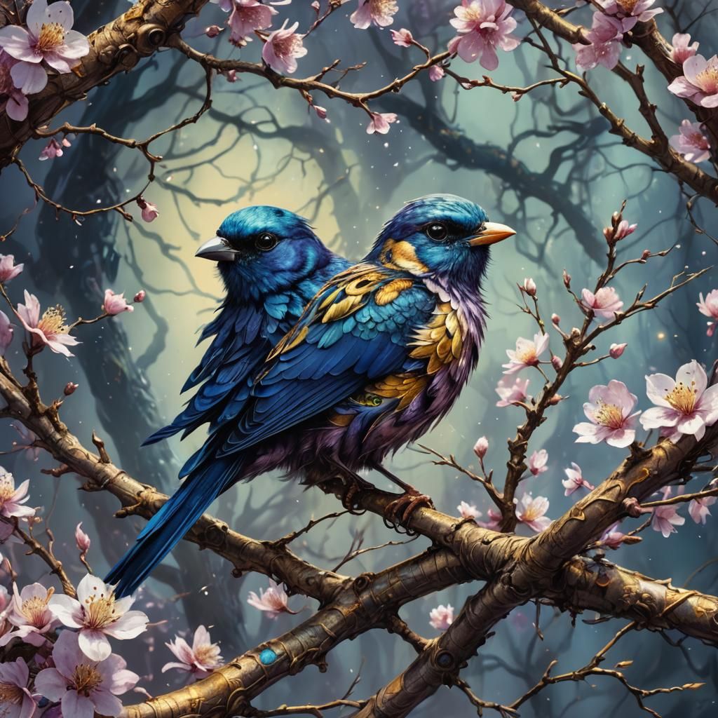 Vibrant Bird on Blossoming Branch in Art Nouveau Style