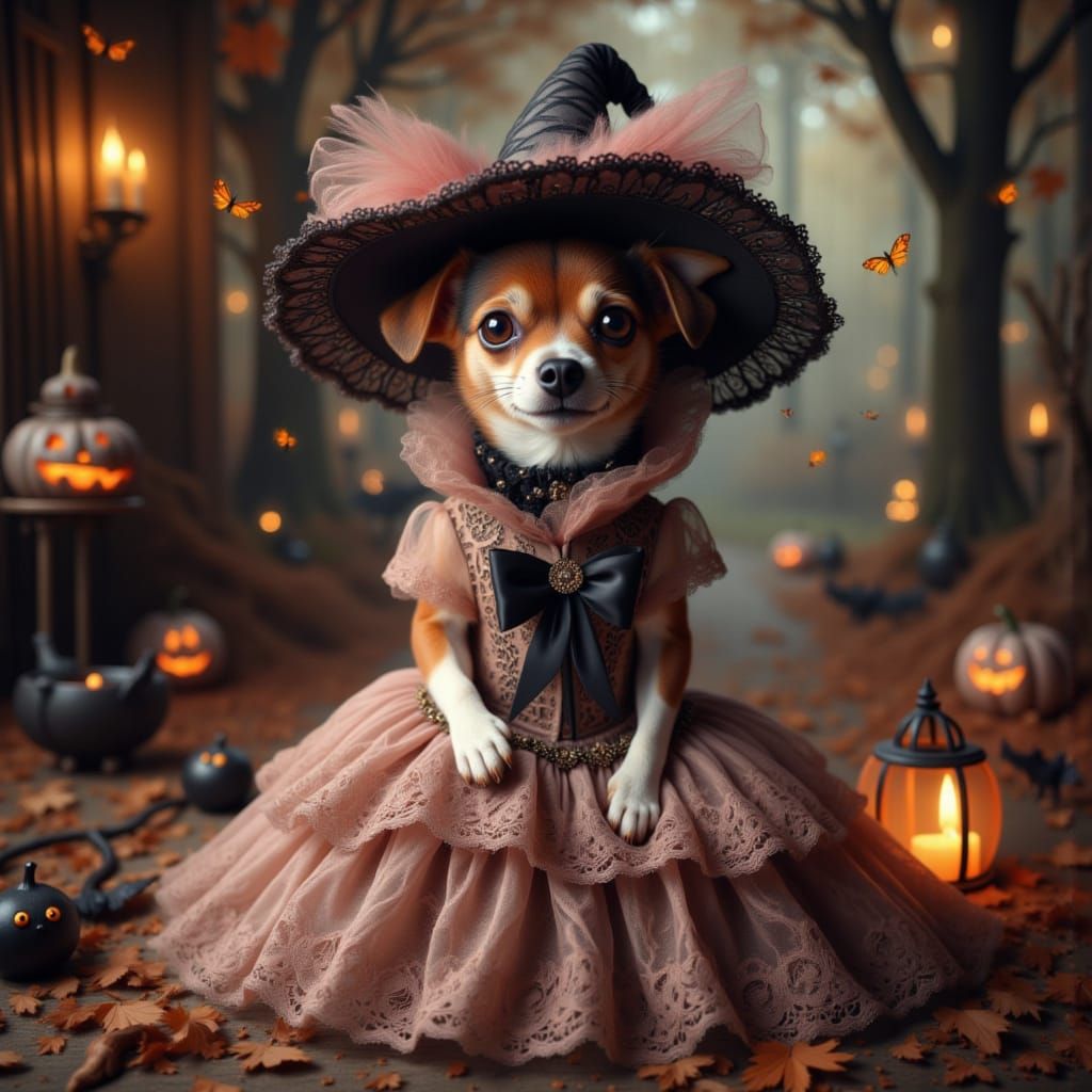 A cute female chihuahua dressed in a lacy gown with a feathe...