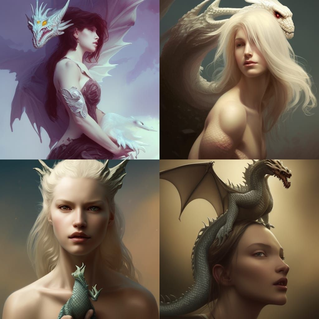 Woman with Albino Dragon Portrait in Art Nouveau Style