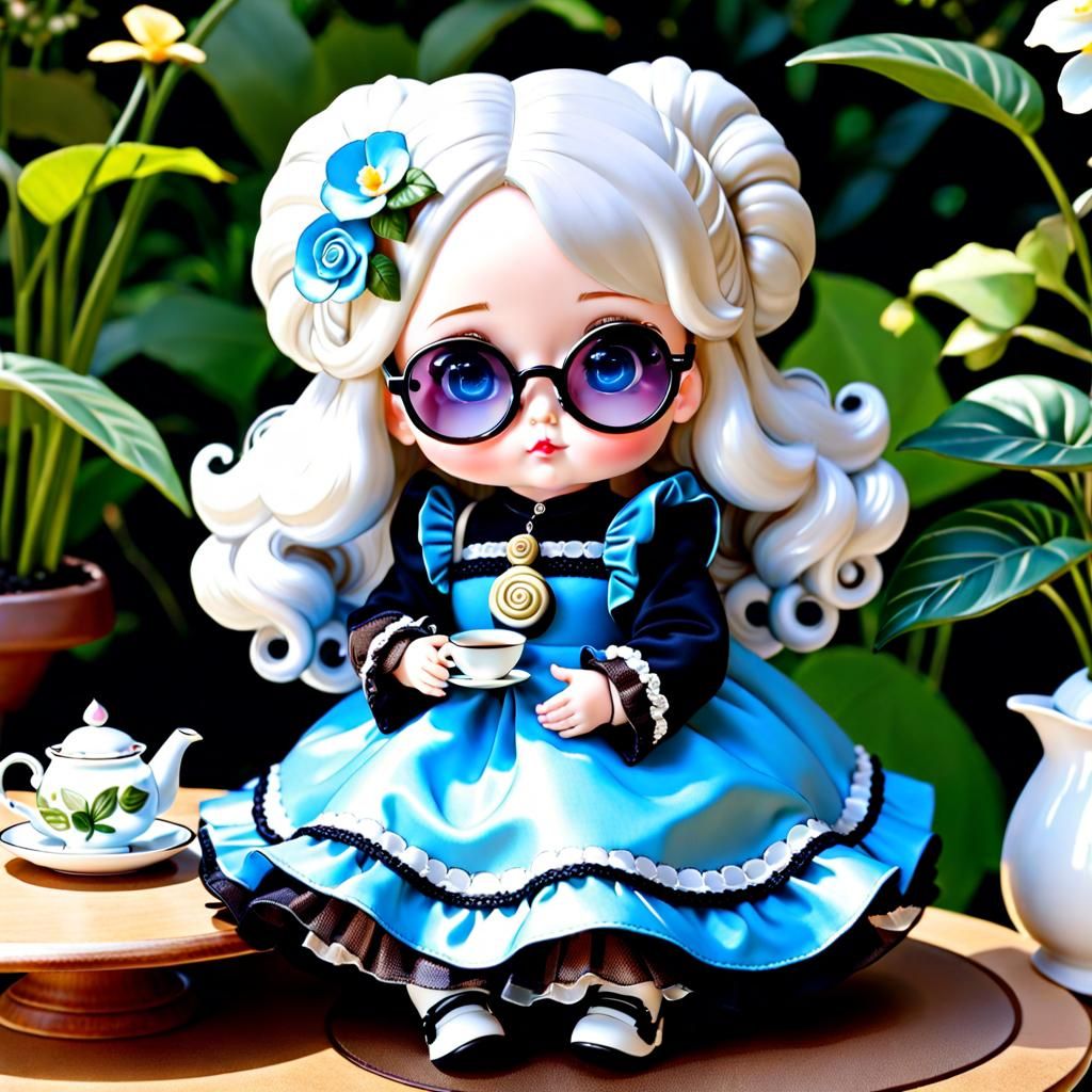 Chibi Porcelain Doll in Snail Dress Botanical Art