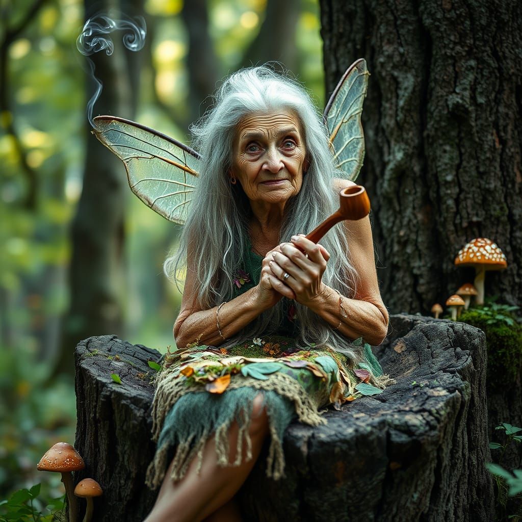 Enchanted Forest Fairy Portrait with Pipe