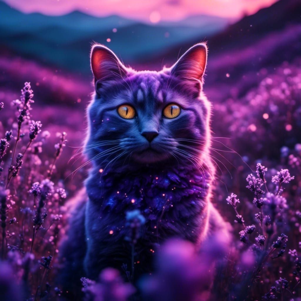 Purple Cat in Lavender Field in Space