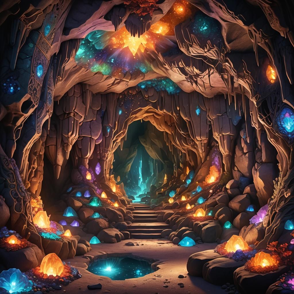 A detailed depiction of a mystic cave adorned with glowing gemstones that emit soft, magical light. The cave’s walls are...