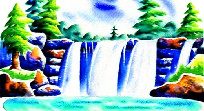 Wet Watercolor Painting of a Wild Waterfall