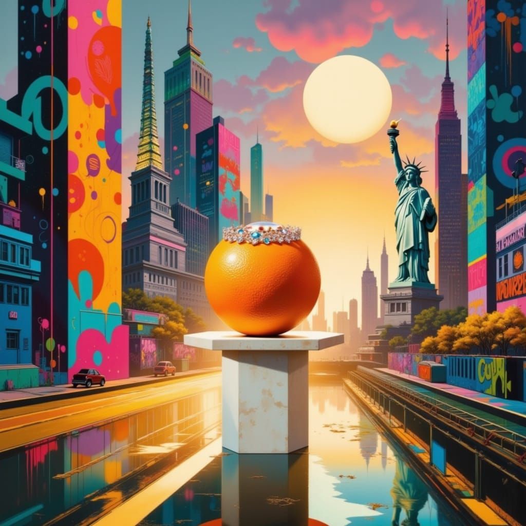 Graffiti Cityscape with Statue of Liberty and Orange