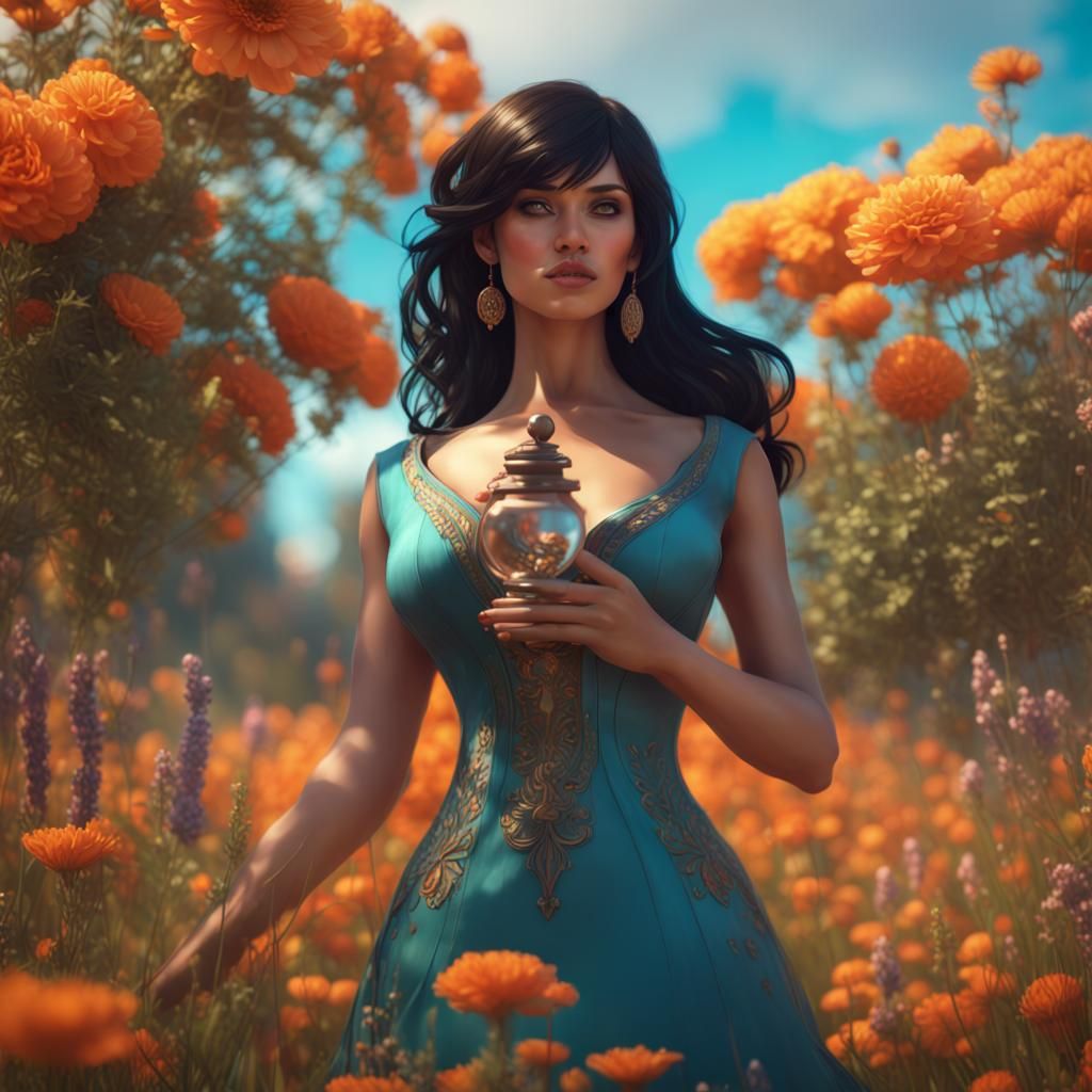 Woman in Sixties Dress in Flower Field: Concept Art