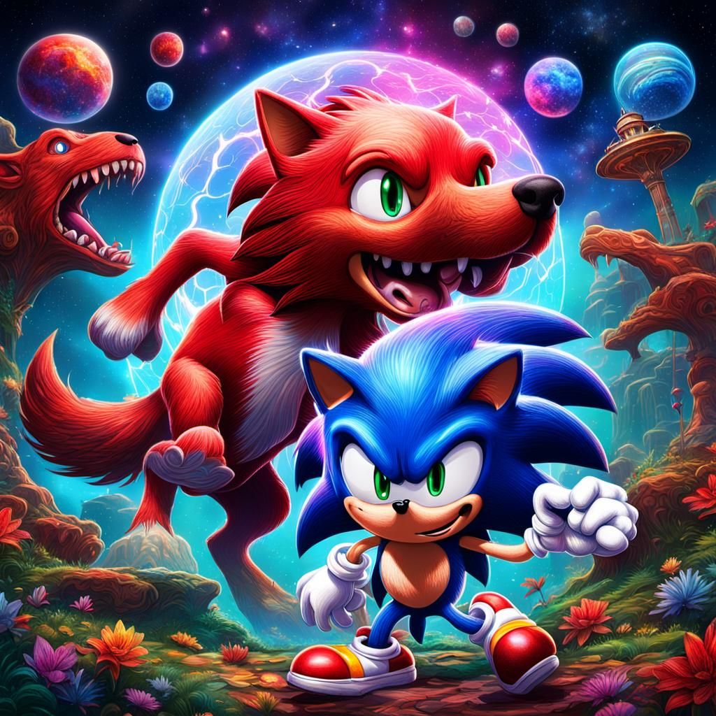 Sonic vs Clifford: Cosmic Mixed Media Illustration