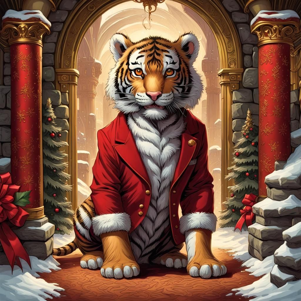 Victorian Christmas Card: Tiger Cub Santa in Den