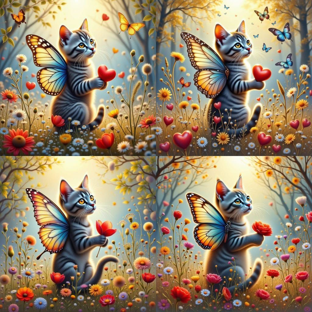 Elegant Gray Kitten Soars with Vibrant Butterfly Wings in Su...
