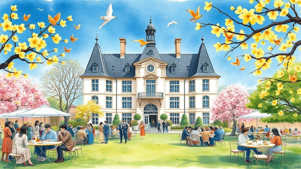 Whimsical Chateau Garden Party in Vibrant Watercolor Style